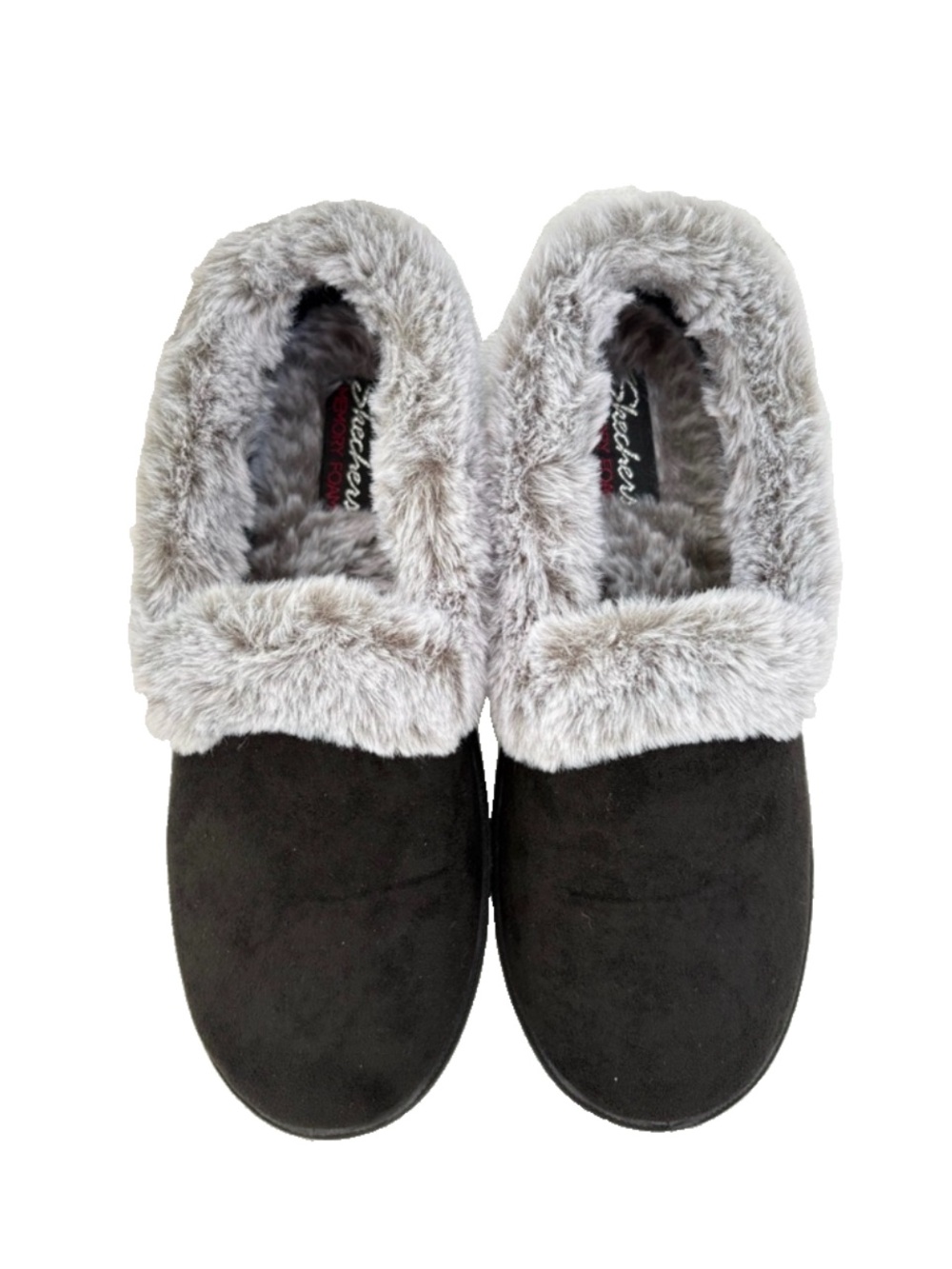 Skechers Black Slip-On Women's Slippers with Gray Faux-Fur Collar